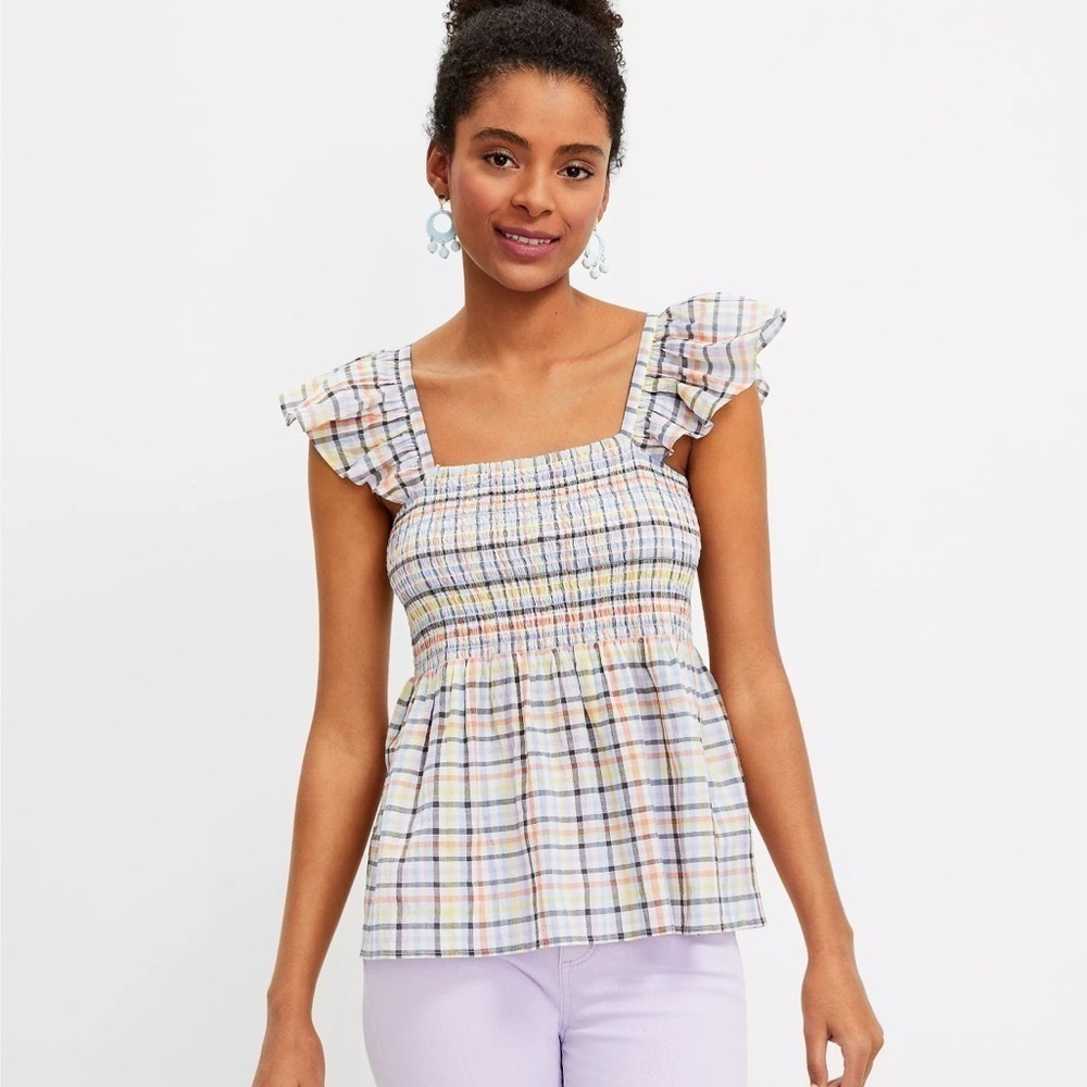 LOFT Women's Plaid Smocked Peplum Tank Top with Ruffle Straps Multicolor